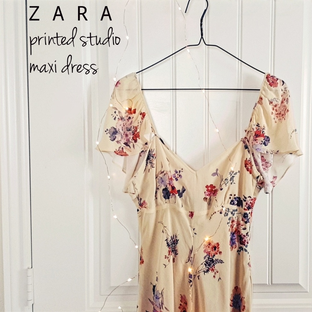 Zara Printed Studio Cream Floral Maxi Dress